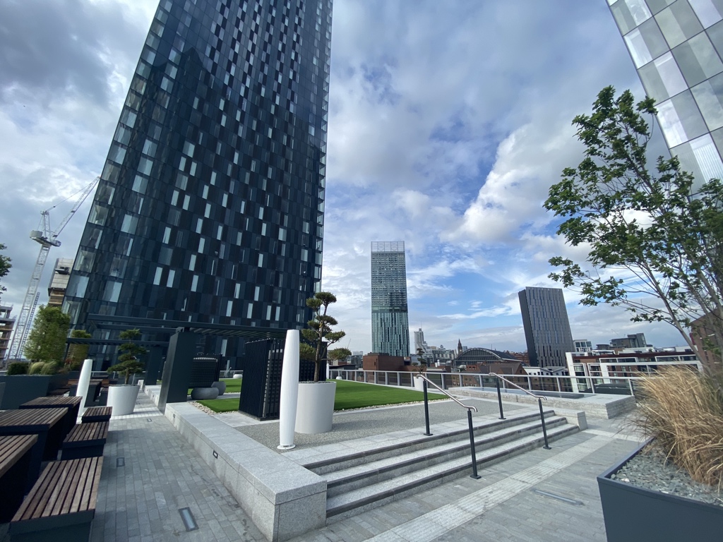 The view of the rooftop garden terrace at Deansgate Square, Manchester.
